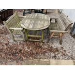 AN OVAL WOODEN GARDEN TABLE AND TWO BENCHES