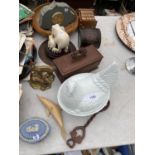 AN ASSORTMENT OF ITEMS TO INCLUDE A BRASS DEER, A TRINKET DISH AND A BAROMETER ETC