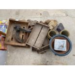 AN ASSORTMENT OF DECORATIVE ROCKS AND WOODEN CRATES ETC