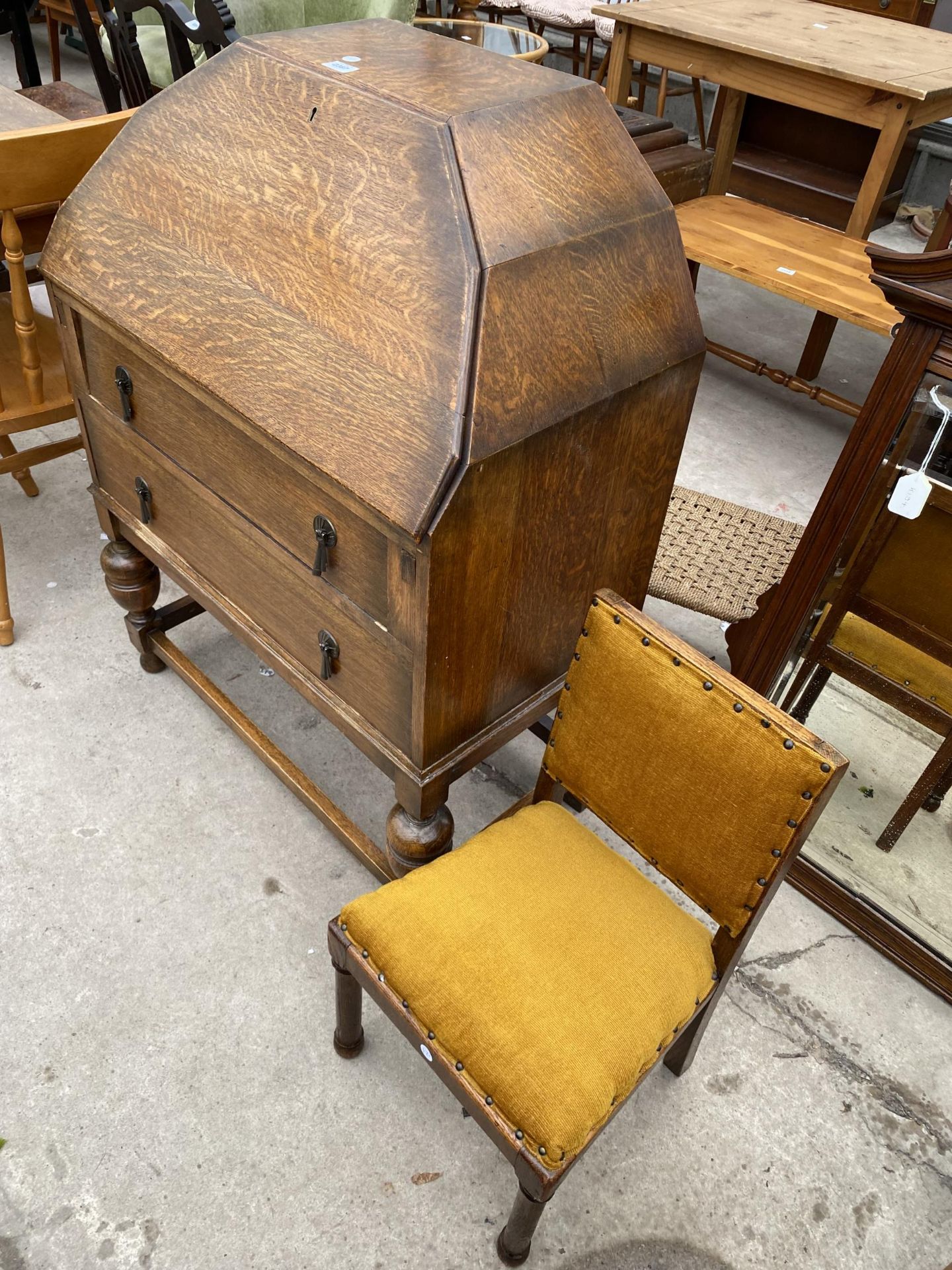 AN EARLY 20TH CENTURY OAK BUREAU WITH SARCOPHAGUS SHAPED TOP AND TWO DRAWERS, ON OPEN BASE, 29" WIDE - Image 2 of 7