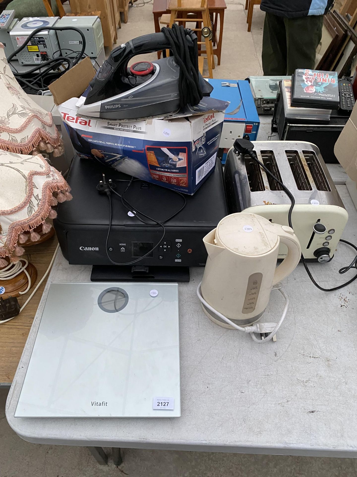 AN ASSORTMENT OF ITEMS TO INCLUDE A KETTLE, A TOASTER AND A CANON PRINTER ETC