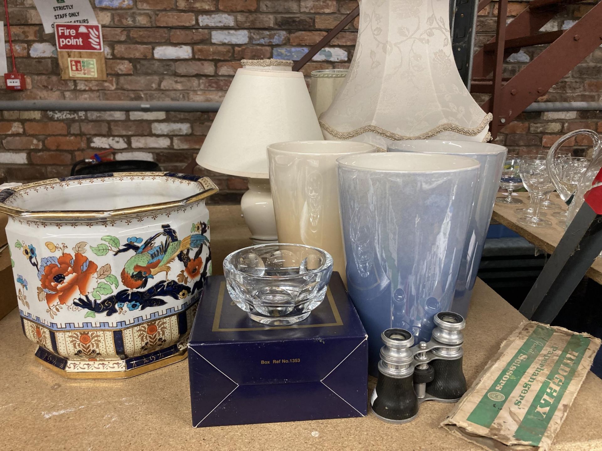 THREE MODERN VASES, A PAIR OF VINTAGE OPERA GLASSES, A BOXED ROYAL BRIERLEY CRYSTAL BOWL, ETC