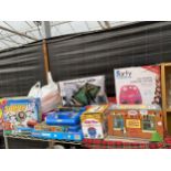 A LARGE ASSORTMENT OF TOYS AND GAMES TO INCLUDE THOMAS THE TANK ENGINE BOOKS, A MINITURE POOL