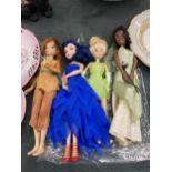 FOUR DISNEY DOLLS TO INCLUDE TINKERBELL, ETC
