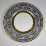 A PRESTIGE MINTONS CHINA CABINET PLATE WITH ACID ETCHED GOLD AND PALE BLUE DESIGN, DIAMETER 27CM