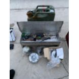 AN ASSORTMENT OF ITEMS TO INCLIUDE A JERRY CAN AND A METAL TOOL CHEST
