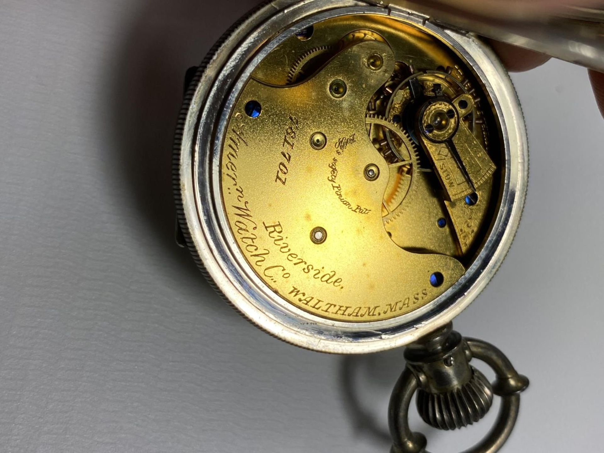 AN AMERICAN WATCH CO. WALTHAM MASS OPEN FACED CROWN WIND POCKET WATCH IN LEATHER POUCH - Image 2 of 3