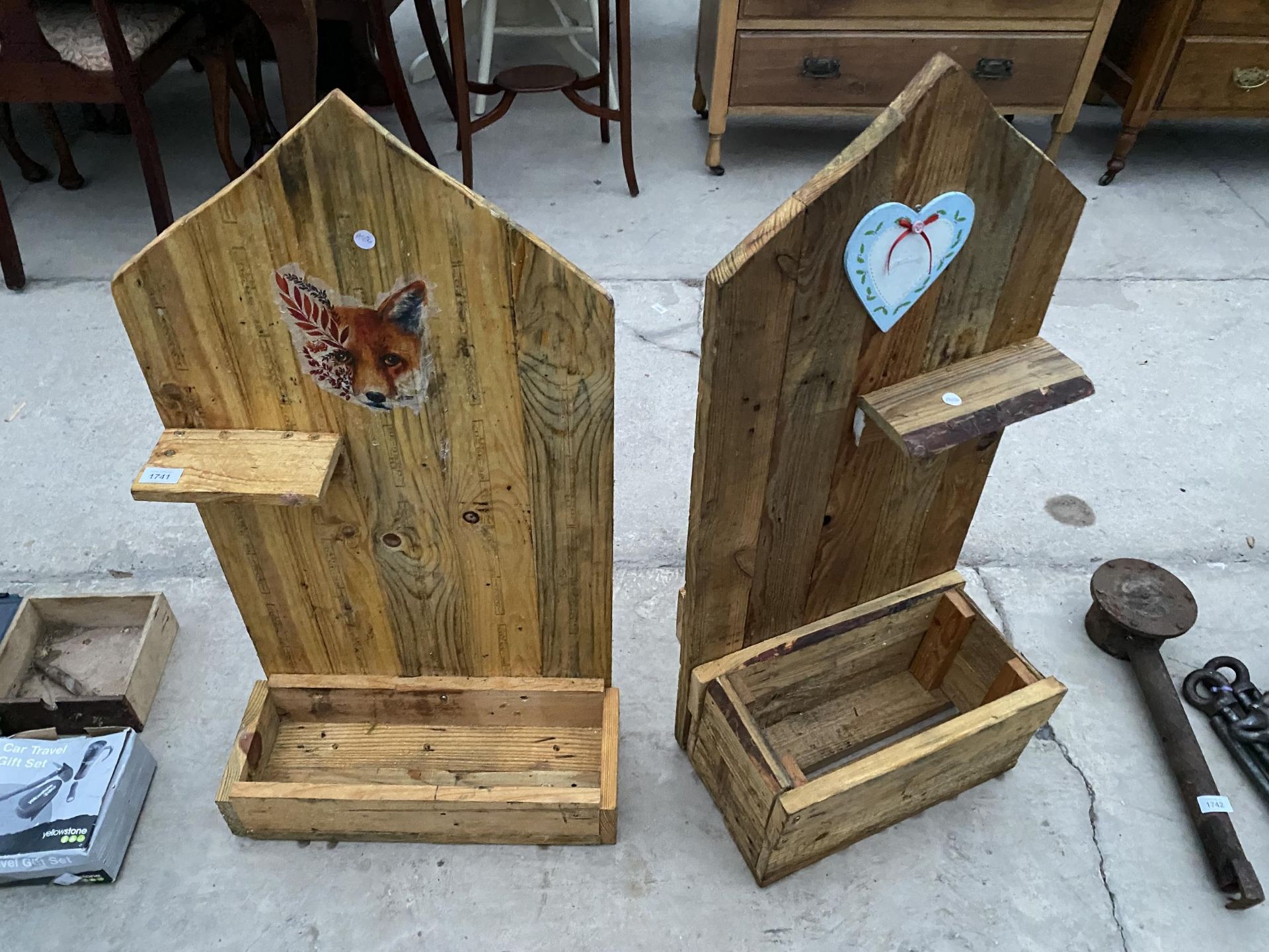 TWO WOODEN PLANTER TROUGHS WITH BACKBOARD AND SHELF
