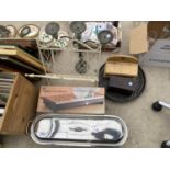 AN ASSORTMENT OF ITEMS TO INCLUDE A STAINLESS STEEL FISH POACHER, CANDLESTICK AND MAGAZINE RACK ETC