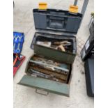 TWO TOOL BOXES CONTAINING VARIOUS TOOLS TO INCLUDE SPANNERS, SAWS AND MOLE GRIPS ETC