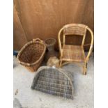 A LARGE ASSORTMENT OF WICKER ITEMS TO INCLUDE A CHAIR, TRUGS AND A SMNALL LOG BASKET ETC