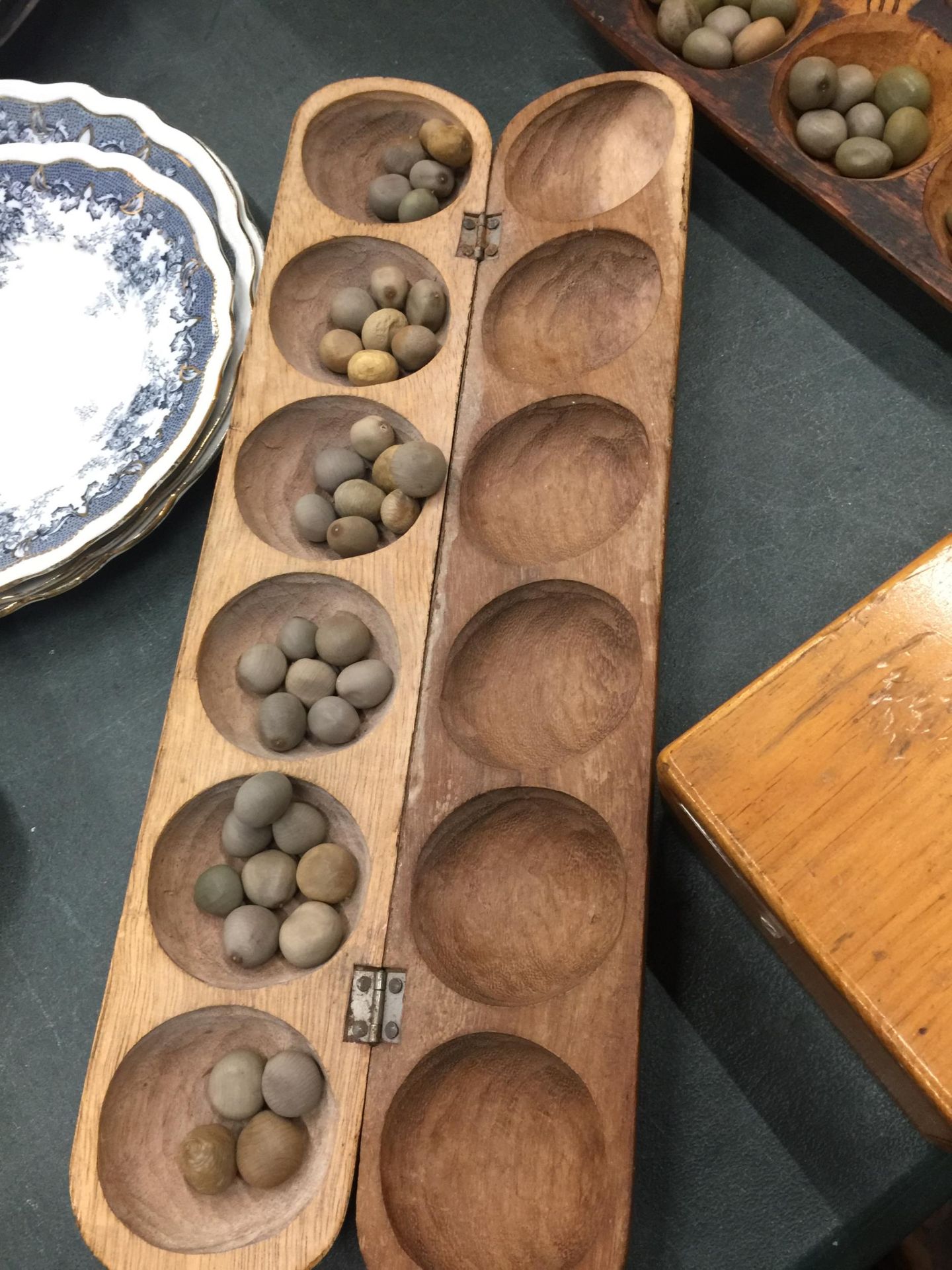 TWO VINTAGE AFRICAN MANCALA GAMES, A PINE BOX CONTAINING LABORATORY SLIDES AND AN ORIENTAL WEDDING - Image 3 of 4