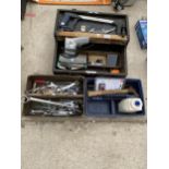 THREE BOXES OF ASSORTED HAND TOOLS TO INCLUDE A JOINERS CHEST, SPANNERS ETC