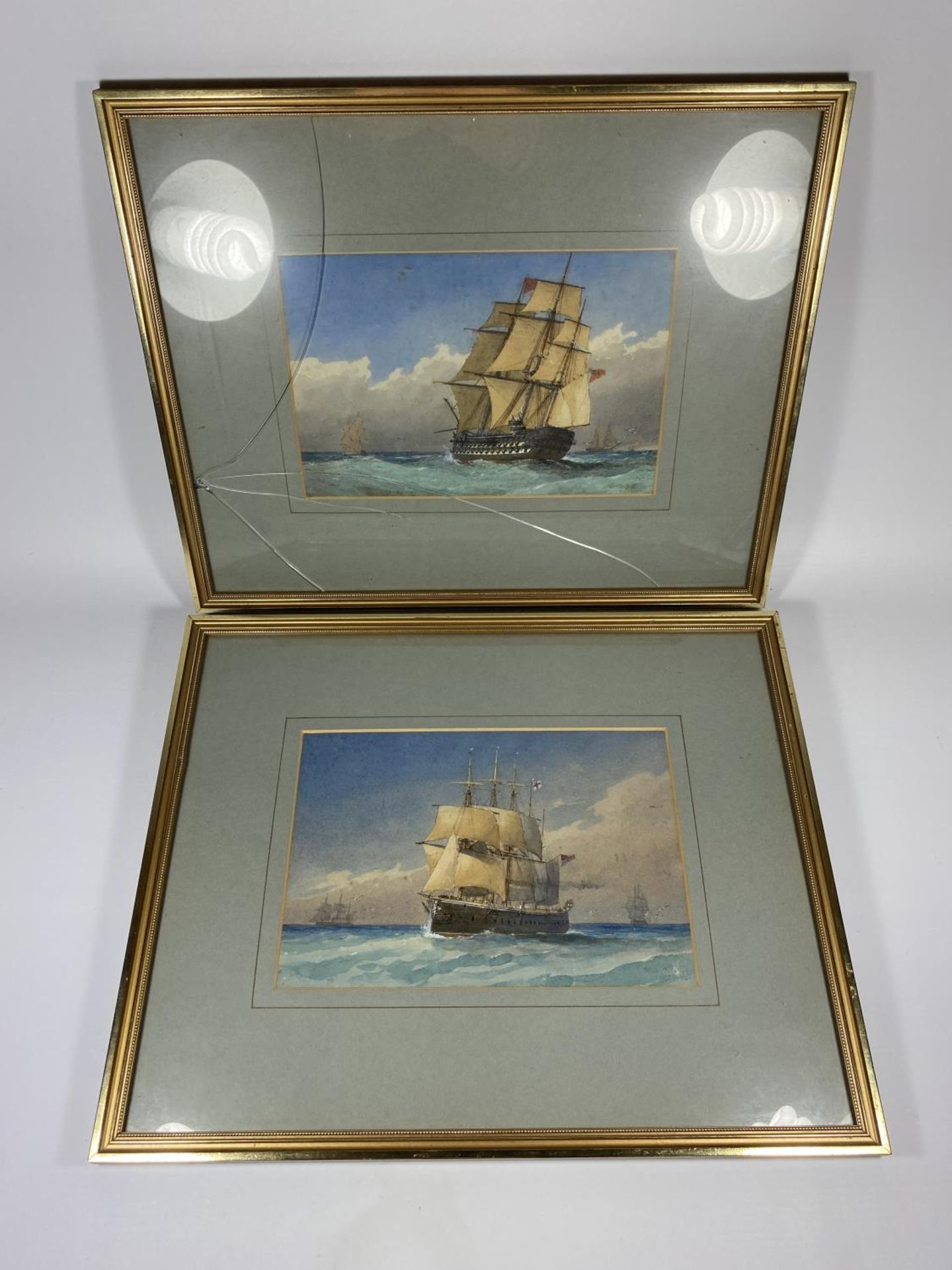 A PAIR OF WILLIAM FREDERICK MITCHELL (1845-1914) MARITIME / NAVAL WATERCOLOURS OF GALLEON SHIPS,