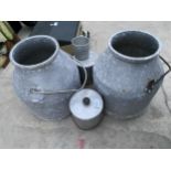 TWO STAINLESS STEEL MILKING BUCKETS, CANS AND A CUP ETC