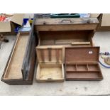 FOUR EMPTY WOODEN STORAGE BOXES TO INCLUDE A JOINERS TOOL BOX ETC