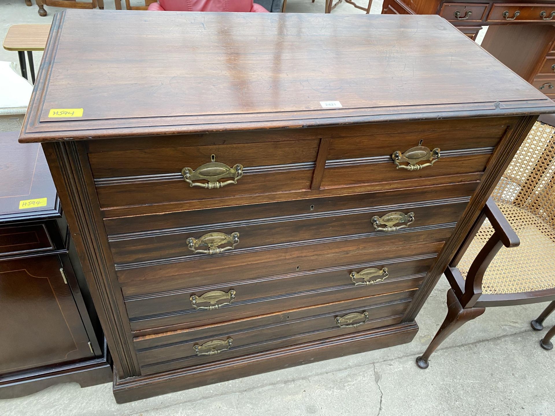 A LATE VICTORIAN MAHOGANY CHEST OF TWO SHORT AND THREE LONG GRADUATED DRAWERS, 40.5" WIDE