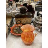 A RETANGULAR WEST GERMAN VASE, CERAMIC UMBRELLA BOWL AND A MURANO STYLE ORANGE GLASS JUG