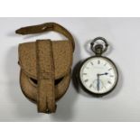AN AMERICAN WATCH CO. WALTHAM MASS OPEN FACED CROWN WIND POCKET WATCH IN LEATHER POUCH