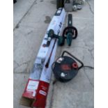 AN OREGON LONG REACH CHAINSAW, AN ELECTRIC BOSCH HEDGE TRIMMER, A MAKITA DRILL AND AN EXTENSION LEAD