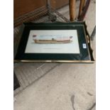 A VINTAGE GREEN AND GILT SERVING TRAY BEARING AN IMAGE OF ' THE BARGE OF WORSHIPFUL COMPANY O