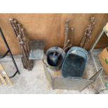 A LARGE ASSORTMENT OF VINTAGE FIRESIDE ITEMS TO INCLUDE TWO COAL BUCKETS, COAL SHOVELS, POKERS AND