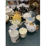 A QUANTITY OF TEAPOTS TO INCLUDE BURLEIGHWARE, SADLER, POOLE, ETC PLUS MUGS