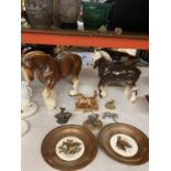 A QUANTITY OF ITEMS TO INCLUDE LARGE SHIRE HORSES, SMALLER HORSE MODELS, SPELTER DEER, HORSE WALL