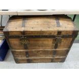 A FRENCH 19TH CENTURY METAL BANDED DOME TOPPED CHEST, WIDTH 75CM, HEIGHT 62CM, DEPTH 47CM