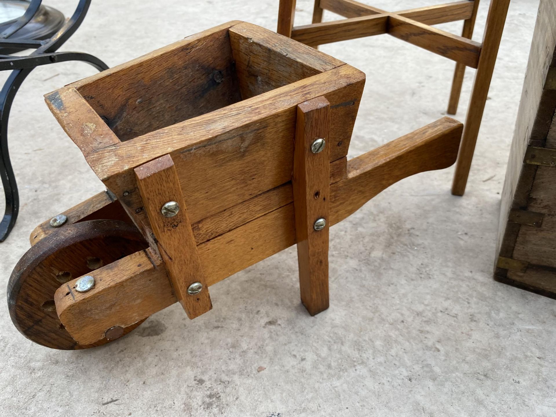 A MINITURE WOODEN WHEEL BARROW, A STOOL AND A VINTAGE WOODEN BOX - Image 2 of 4