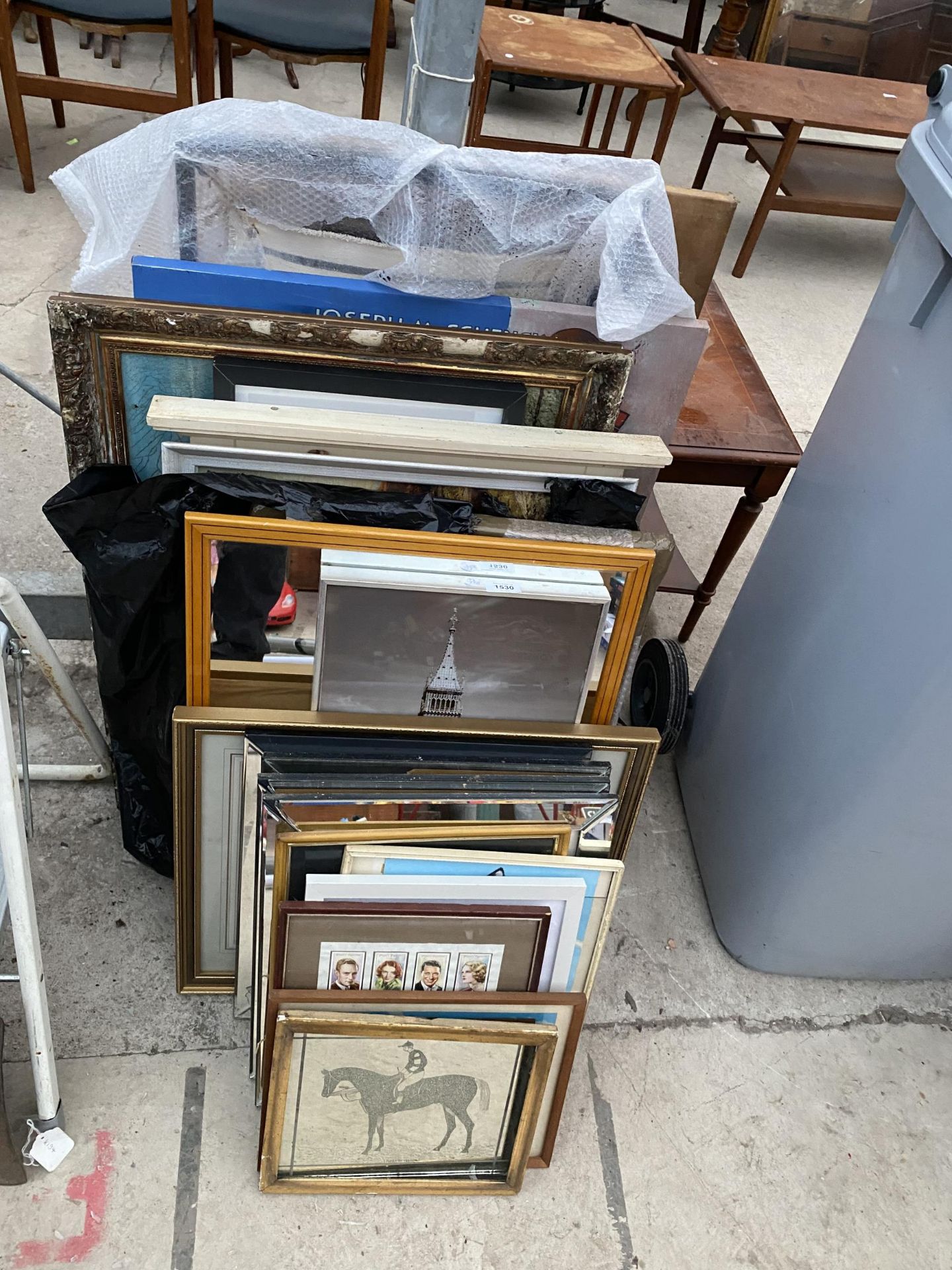 A LARGE ASSORTMENT OF FRAMED PRINTS, PICTURES AND MIRRORS ETC