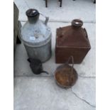 AN ASSORTMENT OF VINTAGE ITEMS TO INCLUDE TWO FUEL CANS, A CAST IRON COOKING POT AND AN OIL JUG