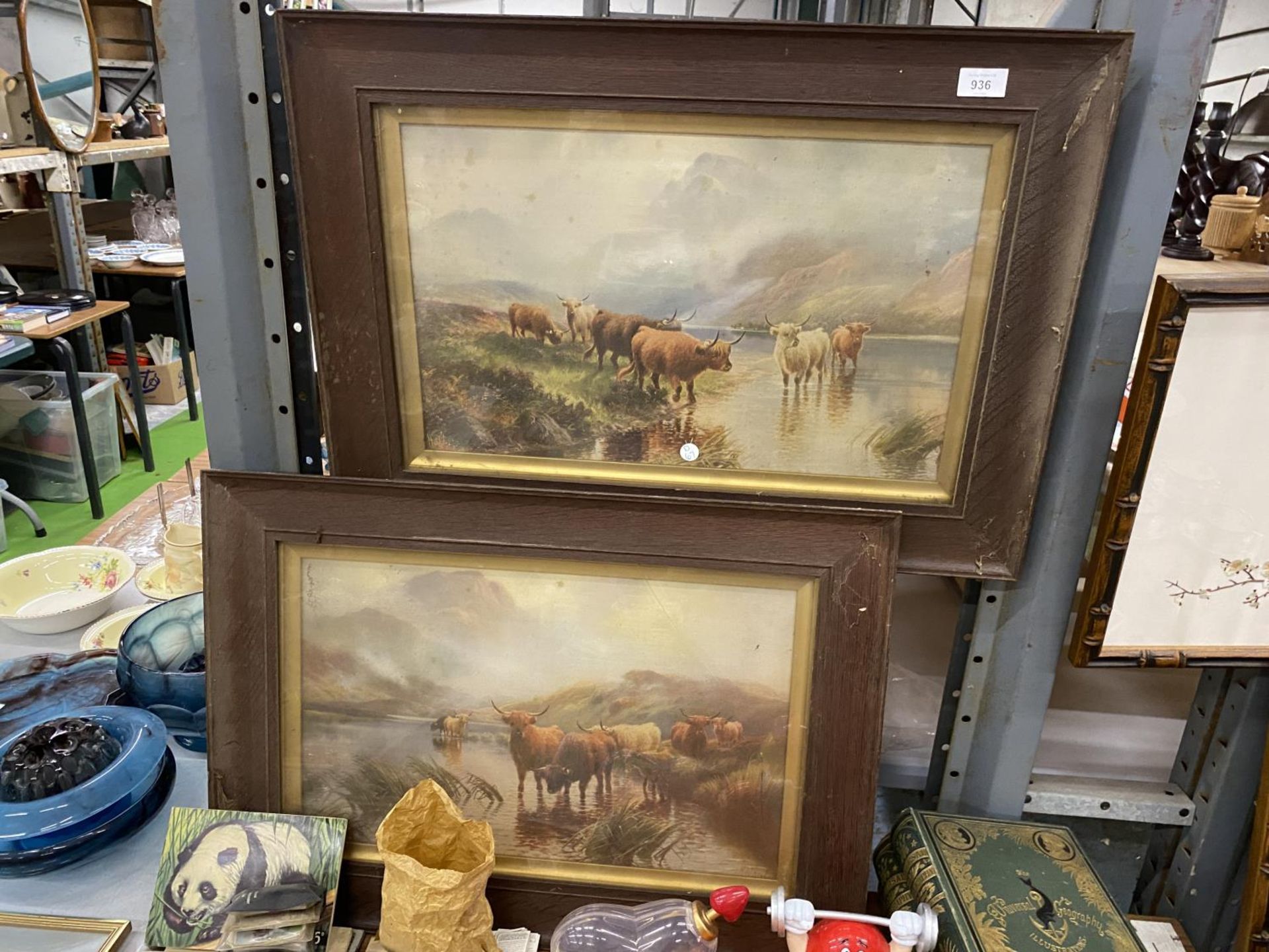 TWO PRINTS IN WOODEN FRAMES DEPICTING HIGHLAND CATTLE AND MOUNTAIN SCENE GLASS CRACKED TO ONE OF