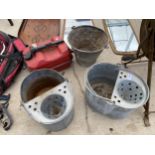 A GALVANISED BUCKET, TWO GALVANISED MOP BUCKETS AND A FUEL CAN