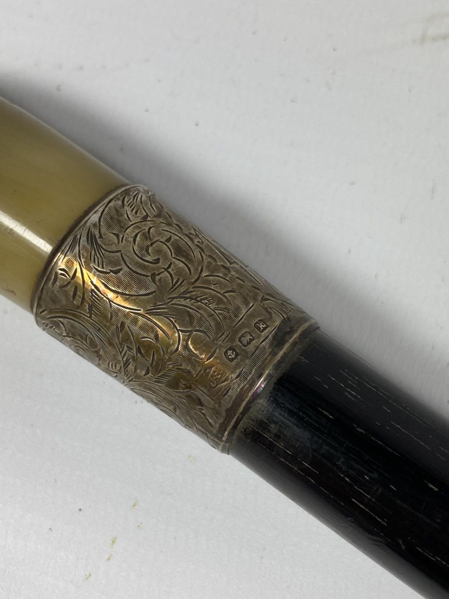 AN EDWARDIAN HORN STYLE HANDLED EBONISED WALKING STICK WITH BIRMINGHAM HALLMARKED SILVER FERRULE - Image 2 of 3