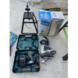 AN ASSORTMENT OF TOOLS TO INCLUDE A BOSCH BATTERY DRILL WITH CHARGER AND TWO BATTERIES, AN