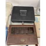 A METAL CASH BOX WITH KEY AND A FOSSIL BOX FOR FIVE WATCHES