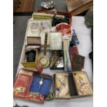 A MIXED VINTAGE LOT TO INCLUDE A TROUSER PRESS, TORCH DRIVING LICENCES, CAMERA LENS, DARTS,