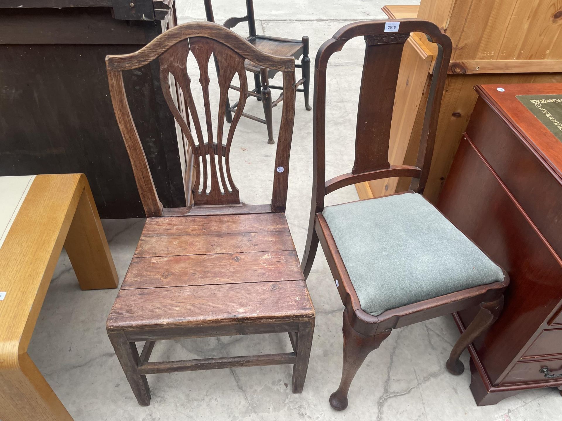 A 19TH CENTURY ELM AND BEECH SPLAT BACK CHAIR AND QUEEN ANNE STYLE CHAIR