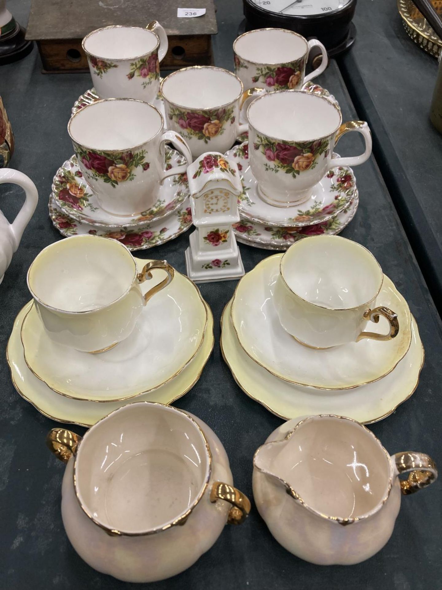 TWO ROYAL ALBERT 'RAINBOW' TRIOS, 'OLD COUNTRY ROSES' CUPS, SAUCERS AND PLATES PLUS ELLGREAVES