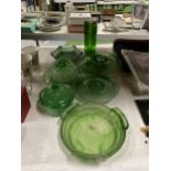 A QUANTITY OF GREEN CLOUD GLASSWARE TO INCLUDE A VASE, BOWLS AND FROGS