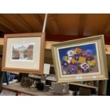 A FRAMED FLORAL OIL ON BOARD TOGETHER WITH A PRINT OF BIDDULPH MANOR BY C P MYER LIMITED EDITION