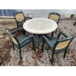 A ROUND PLASTIUC GARDEN TABLE AND FOUR CHAIRS