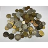 A MIXED LOT OF COINS TO INCLUDE 1892 SILVER COIN, 19TH CENTURY COPPERS ETC