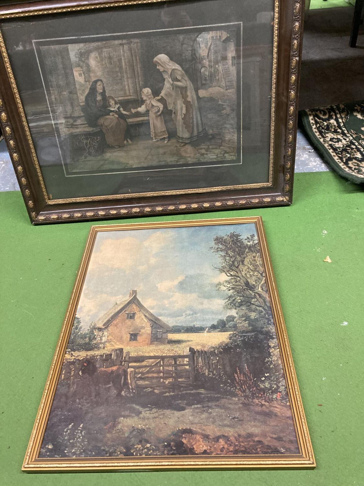 TWO FRAMED PRINTS, ONE OF A BARN IN A FIELD THE OTHER A VICTORIAN STREET SCENE