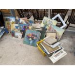 A LARGE ASSORTMENT OF UNFRAMED PICTURES AND PAINTINGS ETC