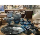 A LARGE QUANTITY OF BLUE CLOUD GLASS TO INCLUDE BOWLS, VASES AND CANDLESTICKS