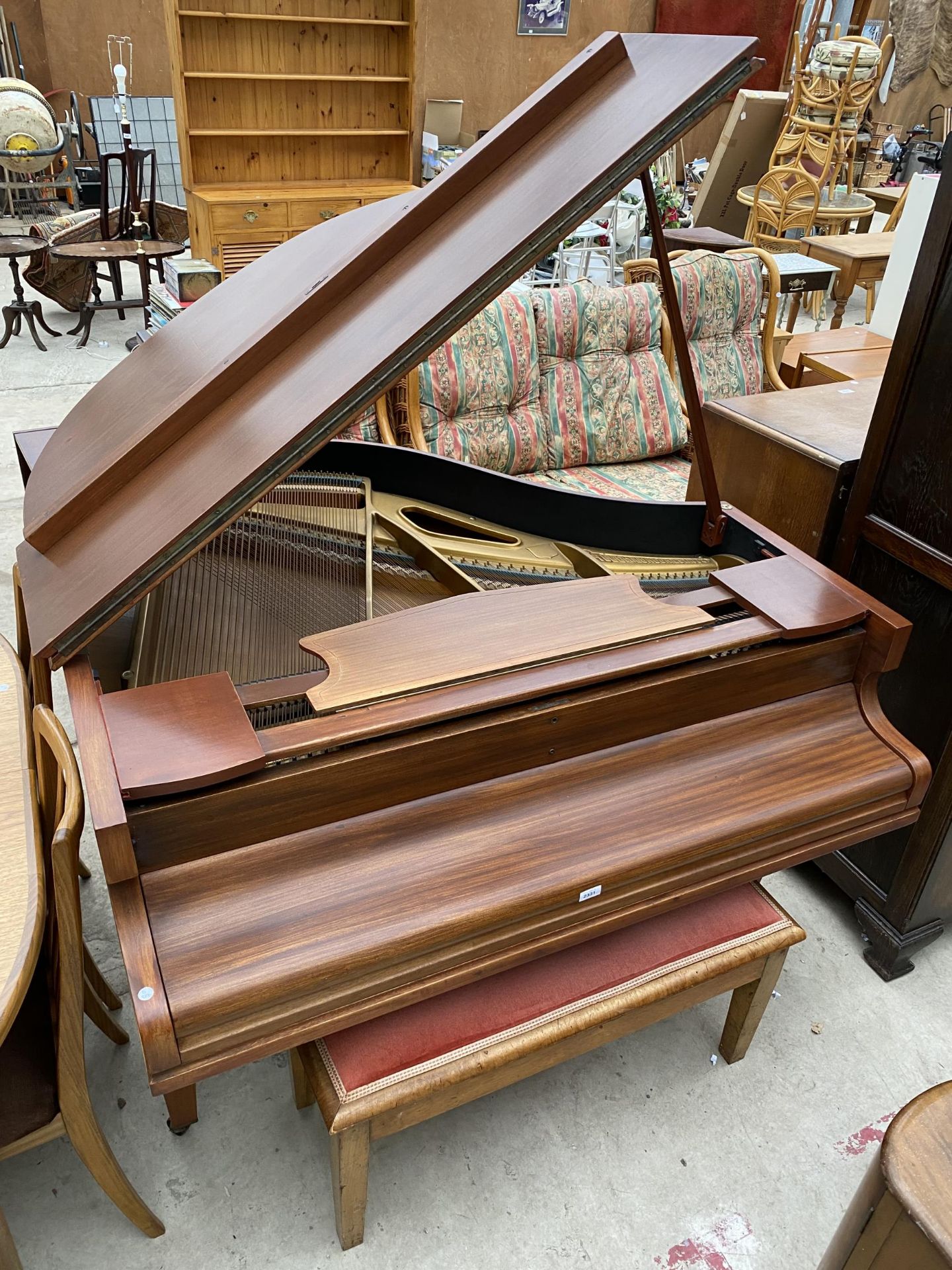 A 'CHALLEN OF LONDON' BABY GRAND PIANO AND STOOL WITH LIFT-UP LID