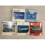 FIVE BOXED HERPA WINGS COLLECTION MODEL AEROPLANES - SCALE 1:500