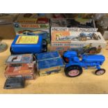 A MIXED GROUP OF TOYS TO INCLUDE BOXED CRESCENT TOYS TRACTOR, BOXED MATCHBOX 10 VOLT POWER PACK,